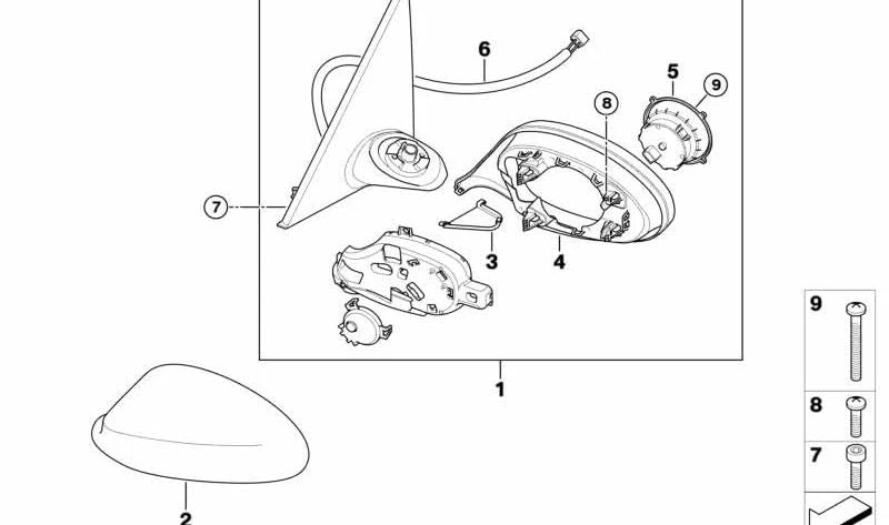 Accionamiento Espejo Retrovisor Derecho para BMW E81, E82, E87, E88, E90, E91, E92, E93, E60, E89 (OEM 67137191405). Original BMW.