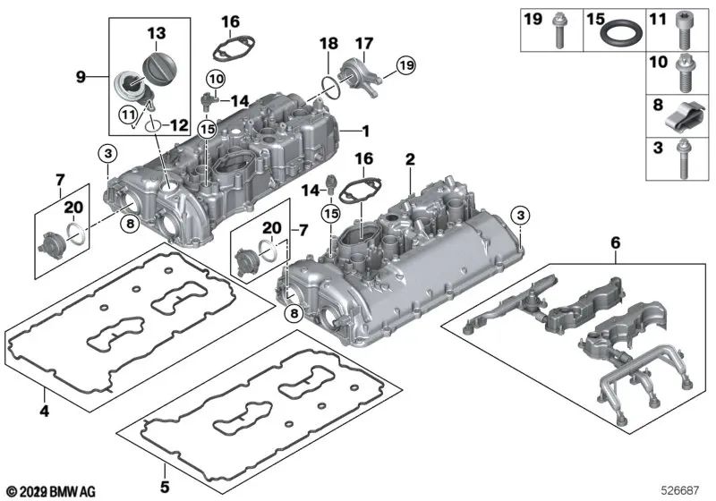 Cubierta de culata para BMW Serie 5 F90, F90N, Serie 8 F91, F92, F93, X5 F95, X6 F96 (OEM 11128699192). Original BMW