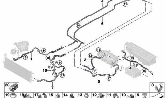 Tube de retour du réfrigérant OEM 17128687424 pour BMW F45, F48, F39, F60. BMW d'origine