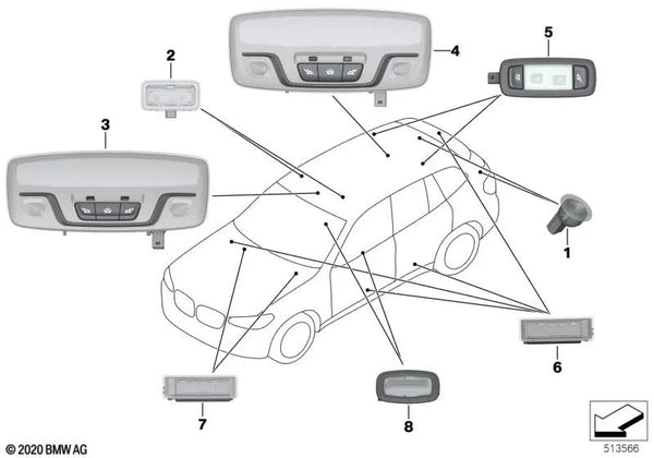 Luz de lectura LED interior trasera central para BMW F90, G30, G31, G38, G32, G11, G12, F97, G01, G08, F98, G02 (OEM 63316848614). Original BMW