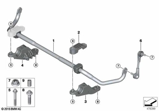 Stabilisator mit vorderem Gummilager für BMW G30, G30N, G31N, G32, G32N (OEM 31306873477). Original BMW