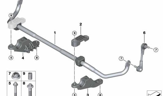 Front stabilizer bar with rubber mount OEM 31306873474 for BMW G30, G31, G15, G16. Original BMW.