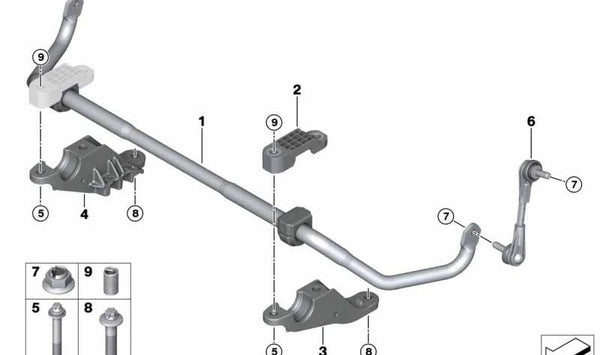 Barra estabilizadora delantera con soporte de goma OEM 31306873474 para BMW G30, G31, G15, G16. Original BMW.