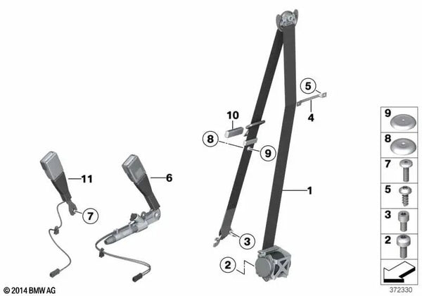 Cinturón superior delantero izquierdo para BMW Serie X3 F25, X4 F26 (OEM 72117367249). Original BMW