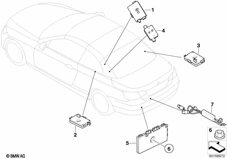 Amplificador de antena AM/FM derecho para BMW E93, E93N (OEM 65206968650). Original BMW.