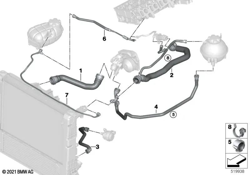 Tubo del Enfriador del Depósito de Expansión para BMW, Modelos: F20N, F21N, F22, F22N, F23, F23N, F30, F30N, F31, F31N, F34, F34N, F32, F32N, F33, F33N, F36, F36N (OEM 17128518965). Original BMW