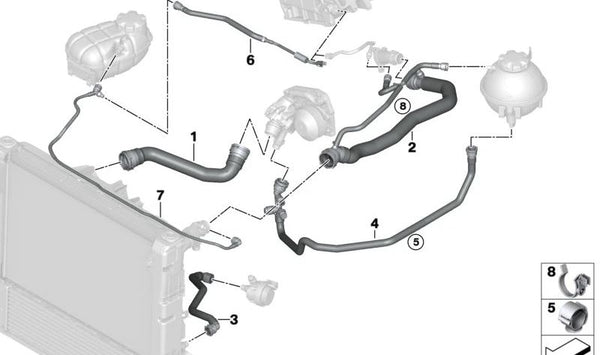 Manguera de refrigerante del radiador OEM 17128514435 para BMW F20, F21, F22, F23, F30, F31, F34, F32, F33, F36, F10, F11, G30, G31, G11, G12, F25, F26, F15. Original BMW.