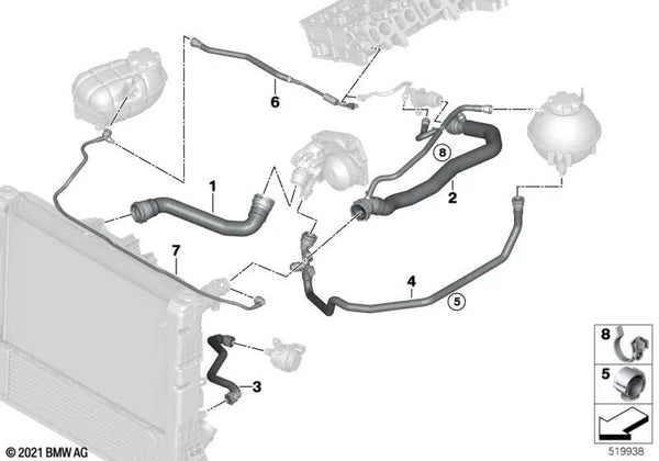 Tubo del Enfriador del Depósito de Expansión para BMW, Modelos: F20N, F21N, F22, F22N, F23, F23N, F30, F30N, F31, F31N, F34, F34N, F32, F32N, F33, F33N, F36, F36N (OEM 17128518965). Original BMW