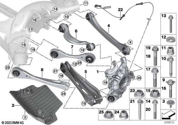 Brazo de control con cojinetes de goma derecho para BMW X3 G08E, G08F (OEM 33306890008). Original BMW.