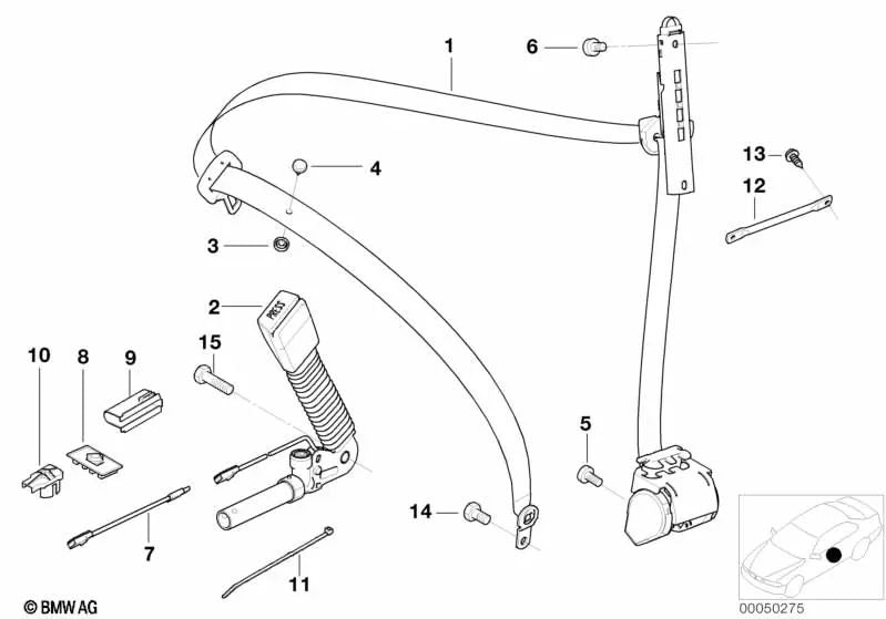 Cable tensor de cinturón/conector de asiento para BMW E46, E63, E83, E53, E85, E86 (OEM 52108255704). Original BMW