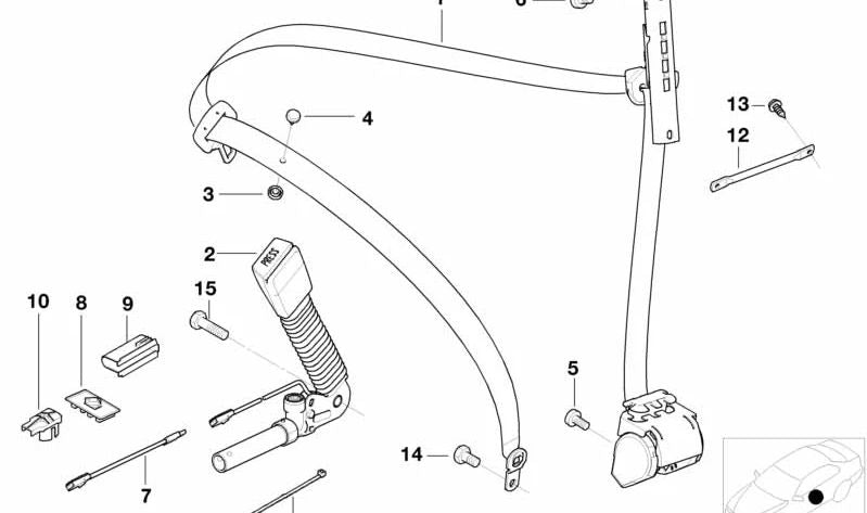 Correa inferior con tensador de cinturón derecho para BMW Serie 3 E46 (OEM 52108253734). Original BMW