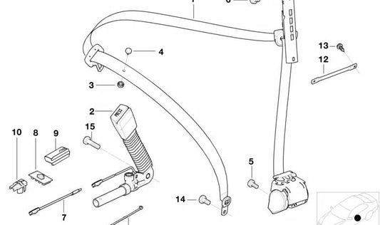 Correa inferior con tensador de cinturón derecho para BMW Serie 3 E46 (OEM 52108253734). Original BMW