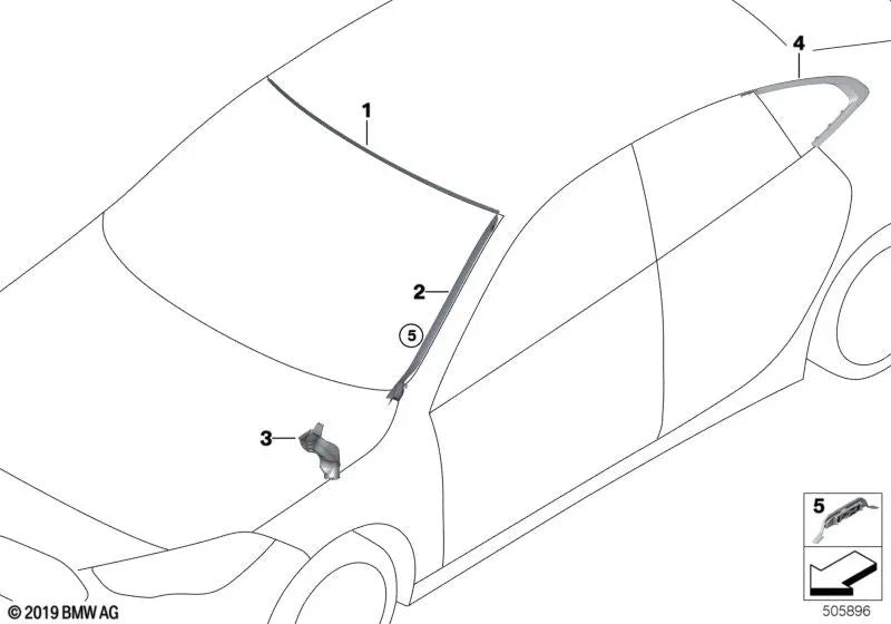 Seitenfensterleiste hinten links für BMW F44 (OEM 51377483185). Original BMW.