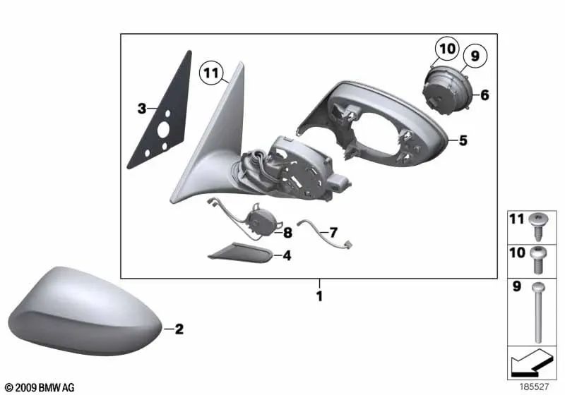 Espejo exterior sin cristal calefactado izquierdo para BMW Z4 E89 (OEM 51167281985). Original BMW