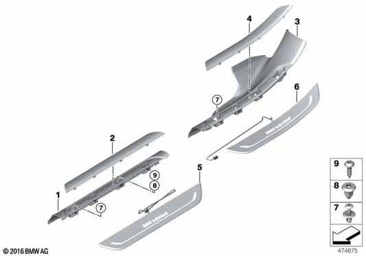 Tira de cubierta de entrada interior delantera derecha para BMW G11, G11N, G12, G12N (OEM 51477390770). Original BMW