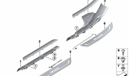 Cover strip rear left inner entrance for BMW G12, G12N (OEM 51477390763). Original BMW