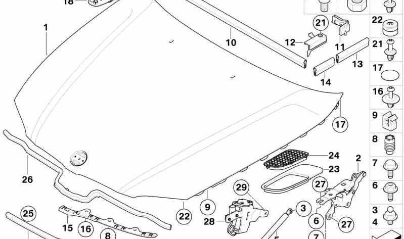 Parte inferior de la junta de la tapa delantera izquierda para BMW E81, E82, E87, E88, E90, E91, E92, E93, E84 (OEM 51767124759). Original BMW