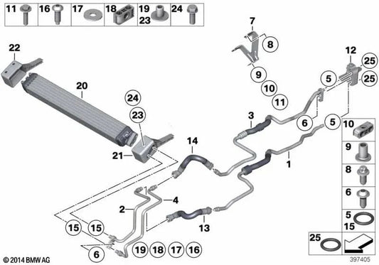 Oil cooler pipe inlet for BMW F06, F01, F02 (OEM 17227980111). Original BMW