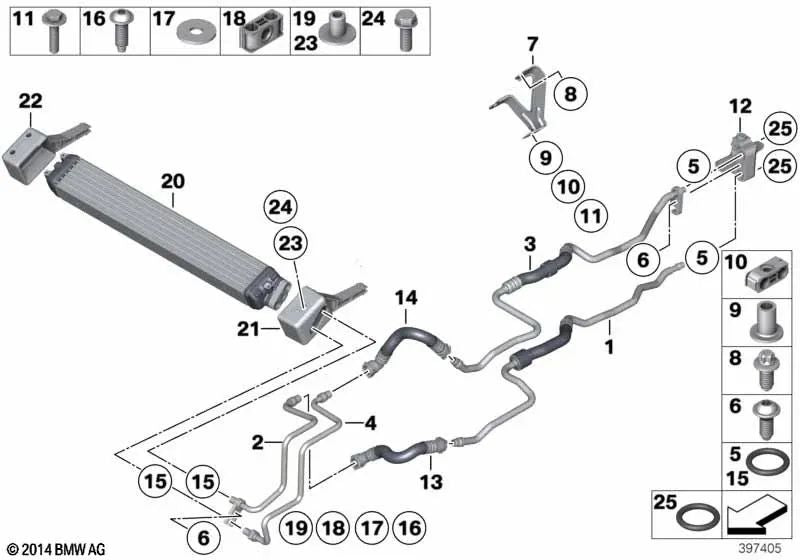 Tubería de retorno del enfriador de aceite para BMW F06, F06N, F01N, F02N (OEM 17227984602). Original BMW.