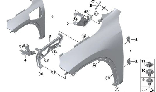 Extensión Soporte Pasarrueda Izquierdo para BMW U11, U12 (OEM 41009629117). Original BMW