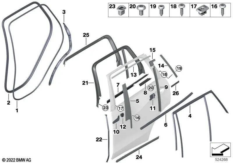 Obere Fensterrahmenleiste der linken Hintertür für BMW X7 G07, G07N (OEM 51357444111). Original BMW.