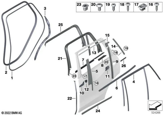 Obere Fensterrahmenleiste der linken Hintertür für BMW X7 G07, G07N (OEM 51357444111). Original BMW.