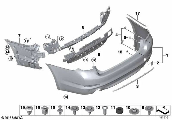 Revestimiento parachoques imprimado trasero para BMW G30 (OEM 51127475592). Original BMW