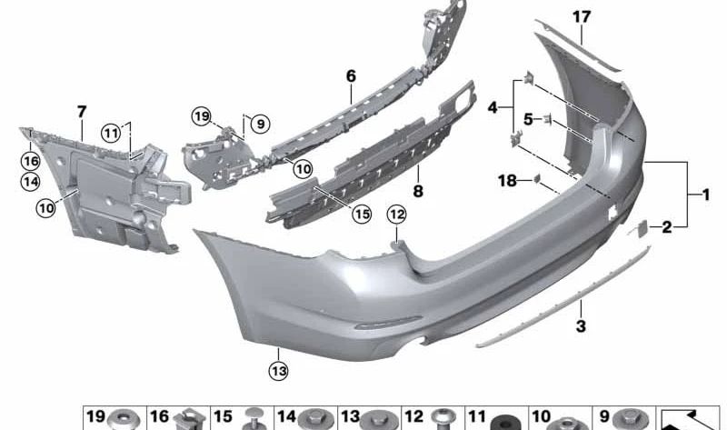 Paragolpes trasero imprimado OEM 51127475610 para BMW G31. Original BMW.