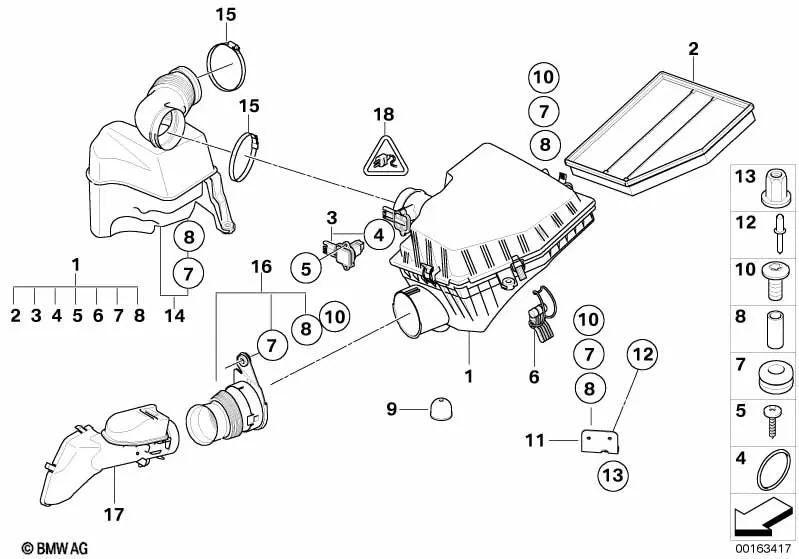 Medidor de masa de aire con película caliente para BMW E87, E90, E91, E60, E61, E63, E64, E65, E66, E85, E86 (OEM 13627520519). Original BMW.