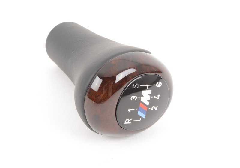 Gear knob Leather/Wooden appliqués/6 speeds/M for BMW Series 5 E39 (OEM 25112228601). Genuine BMW.