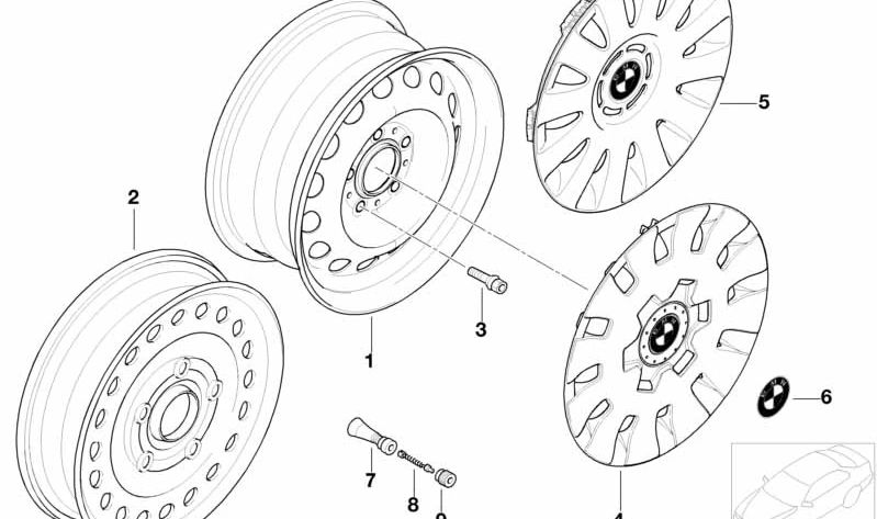 Tapacubos completo para BMW E46 (OEM 36136768523). Original BMW