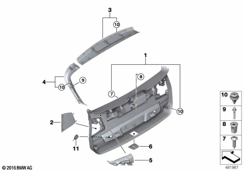 Revestimiento superior del portón trasero para BMW X1 F48, F48N (OEM 51498064687). Original BMW