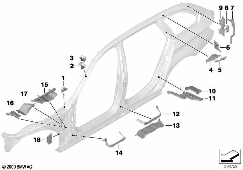 Pieza moldeada pilar A exterior inferior derecho para BMW Serie 5 F10, F11, F18 (OEM 41217186356). Original BMW