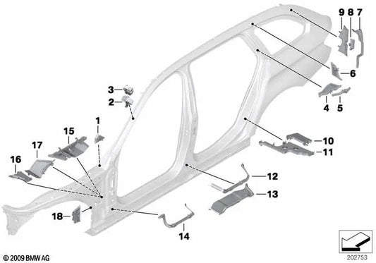 Pieza moldeada pilar A exterior inferior derecho para BMW Serie 5 F10, F11, F18 (OEM 41217186356). Original BMW