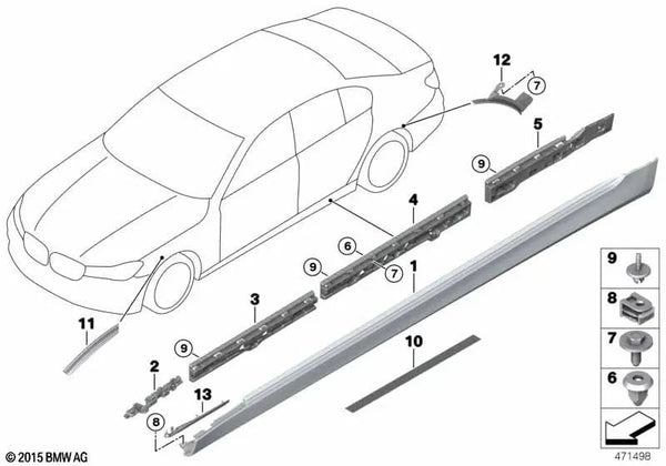 Revestimiento de umbral imprimado derecho para BMW G12, G12N (OEM 51777459972). Original BMW.