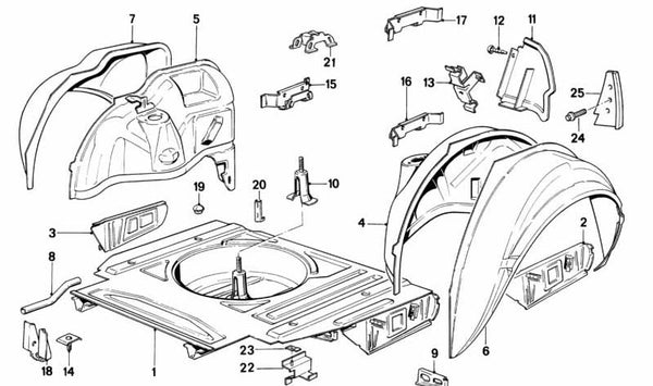 Guardabarros interior trasero izquierdo para BMW Serie 3 E30 (OEM 41148134661). Original BMW