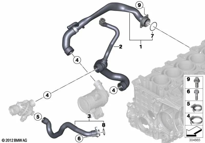 Manguera de refrigerante para BMW F20, F20N, F21, F21N, F22, F23, F30, F31, F34, F35, F35N, F32, F33, F36 (OEM 11537594319). Original BMW.