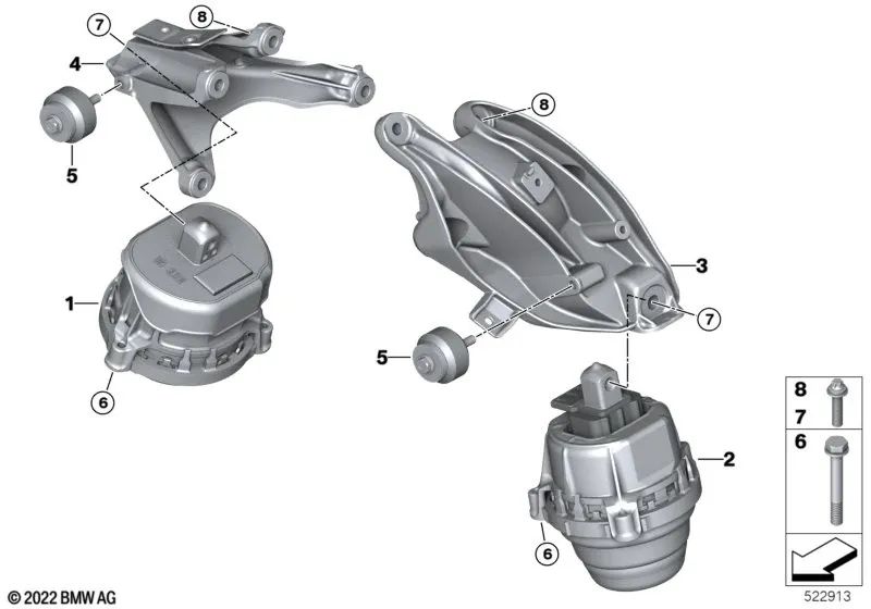 Supporto del motore sinistro per la BMW 5 G60 Serie, serie 7 G70 (OEM 22119894885). BMW originale.