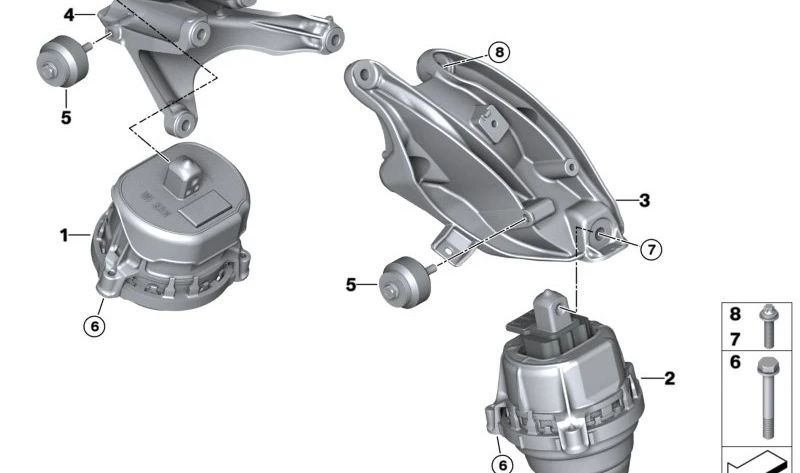 Soporte de motor derecho OEM 22119894886 para BMW Serie 1 (E81, E82, E87, E88), Serie 3 (E90, E91, E92, E93), Serie 5 (F10, F11), Serie 6 (F06, F12, F13), Serie 7 (F01, F02), X1 (E84), X3 (F25), X5 (E70), X6 (E71). Original BMW.