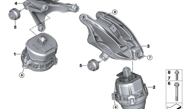 Soporte de motor derecho OEM 22119894886 para BMW Serie 1 (E81, E82, E87, E88), Serie 3 (E90, E91, E92, E93), Serie 5 (F10, F11), Serie 6 (F06, F12, F13), Serie 7 (F01, F02), X1 (E84), X3 (F25), X5 (E70), X6 (E71). Original BMW.