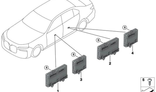 Unidad de control de puerta lado del conductor delantero para BMW G70 (OEM 61355A9BC32). Original BMW