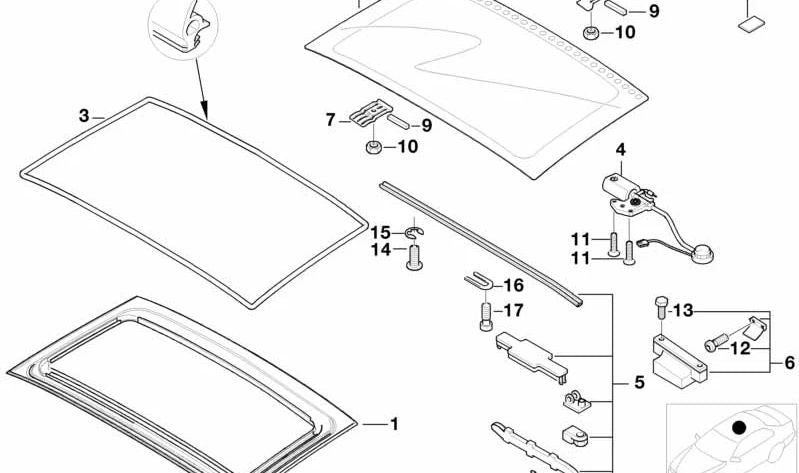 Mecanismo de tapa de techo OEM 54108410693 para BMW E36, Z3. Original BMW.