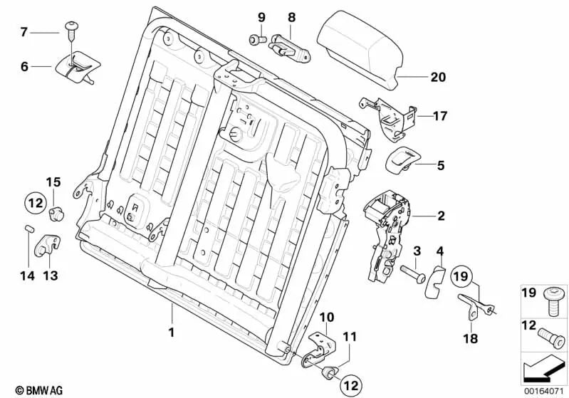 Placa de fijación respaldo izquierda para BMW X5 E70, E70N, X6 E71, E72 (OEM 52209148079). Original BMW