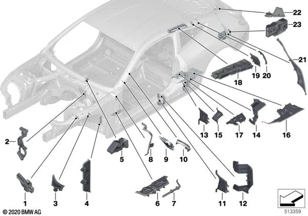 Pieza moldeada parte baja del pilar B derecha para BMW Serie 8 F92, G15 (OEM 41007442008). Original BMW