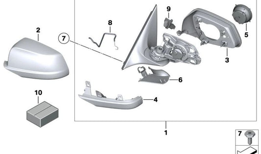 Espejo exterior sin cristal calefactado derecho para BMW Serie 5 F07 (OEM 51167283652). Original BMW