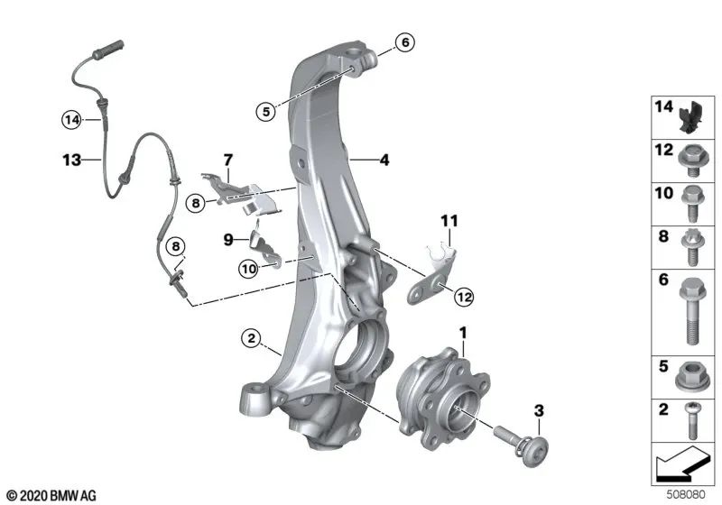 Front steering knuckle with bearing for BMW X5 G05, G05N, X6 G06 (OEM 31206864570). Original BMW