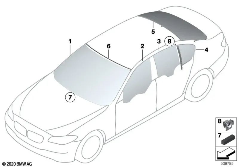 Cristal lateral verde puerta delantera izquierda para BMW F10, F11 (OEM 51337182109). Original BMW