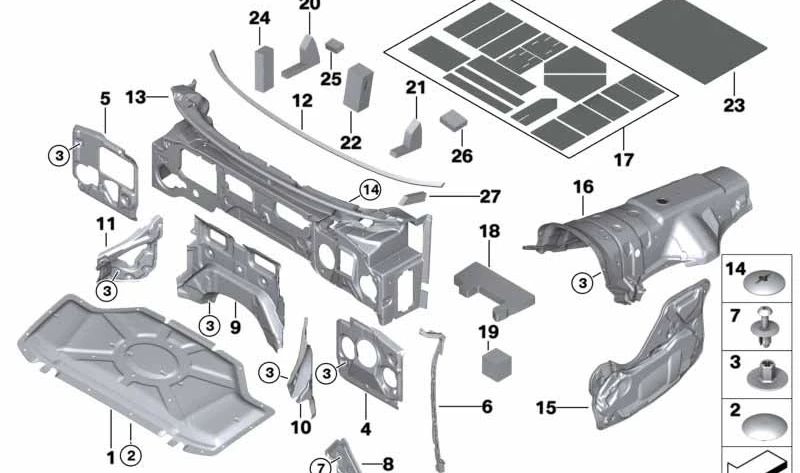 Aislante acústico del compartimento motor derecho OEM 51487336284 para BMW F15, F85, F16, F86. Original BMW