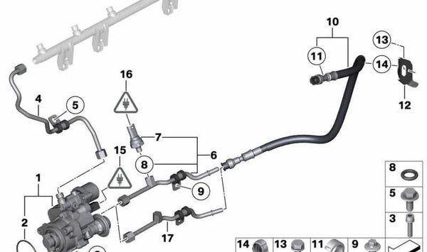 Soporte para manguera de combustible OEM 13317561295 para BMW E82, E88, F20, F21, F22, F23, F87, E90, E91, E92, E93, F30, F31, F34, F80, F32, F33, F36, F82, F83, E84, F26. Original BMW.