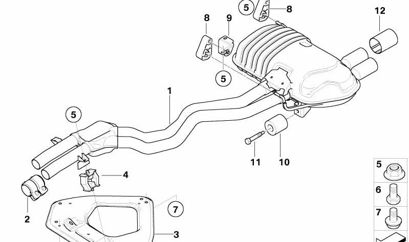 Silencioso trasero con silencioso intermedio OEM 18307555350 para BMW E85, E86. Original BMW.